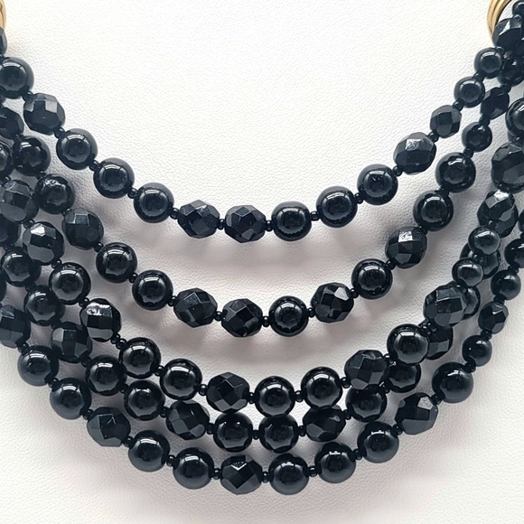 Oscar de la Renta Black Glass Bead Multistrand Layered Swag Necklace Gold Detail - Picture 6 of 13